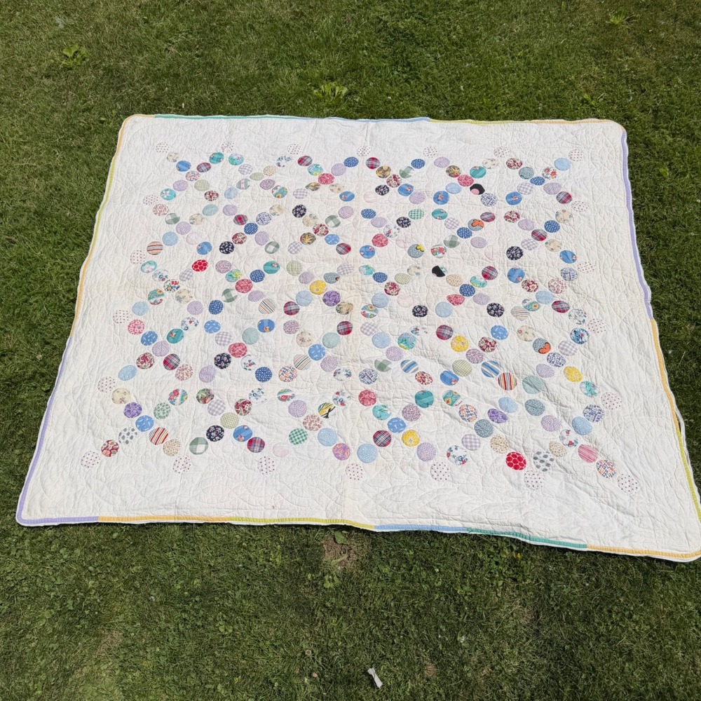 Handmade Vintage Quilt White Multicolor Polka Dot Applique Farmhouse 76x64 Large